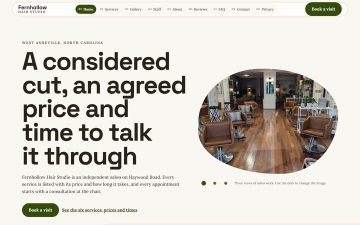 The Fernhollow Hair Studio front-end