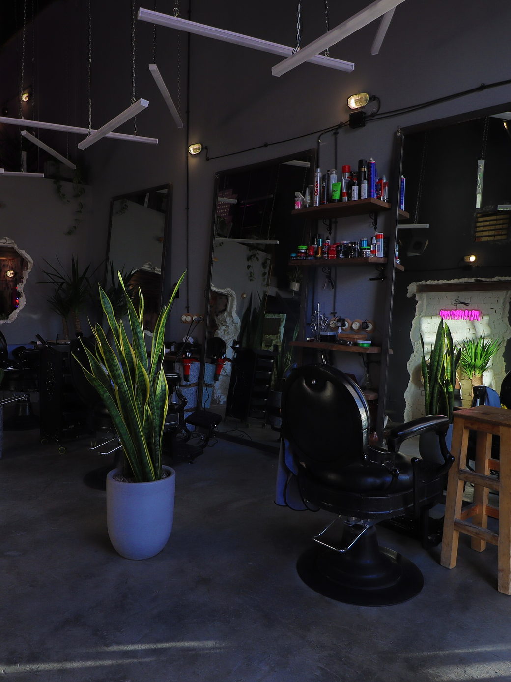 An empty barber chair beside a wooden stool and a row of plants in a dim room.