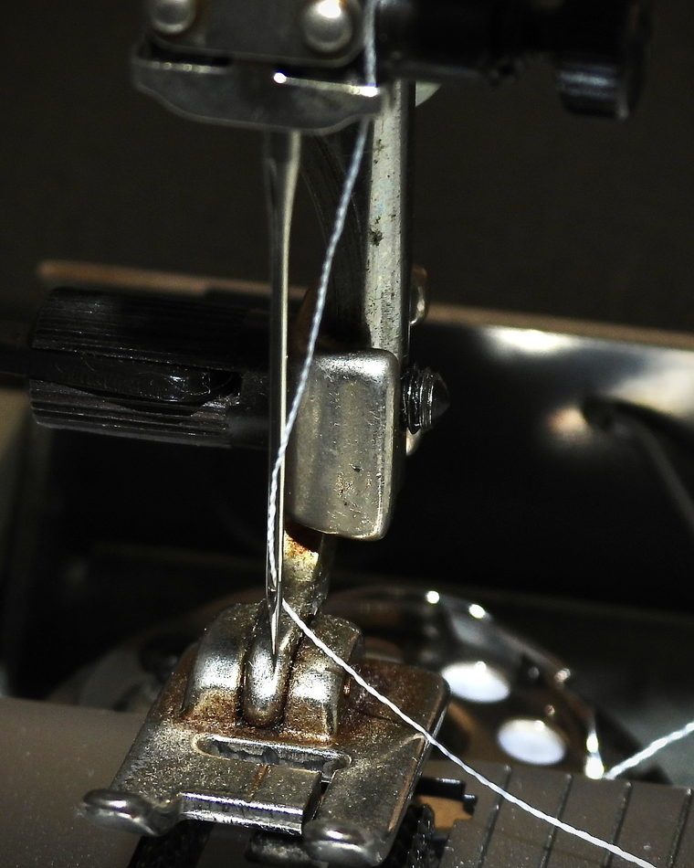 The needle and presser foot of a sewing machine seen from close to the needle plate.