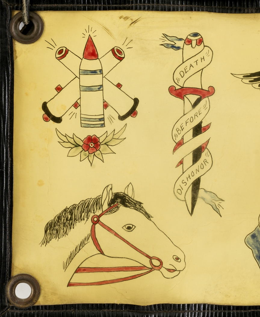 A hand-painted flash sheet: a lettered dagger, a winged propeller, a horse's head and crossed flags.