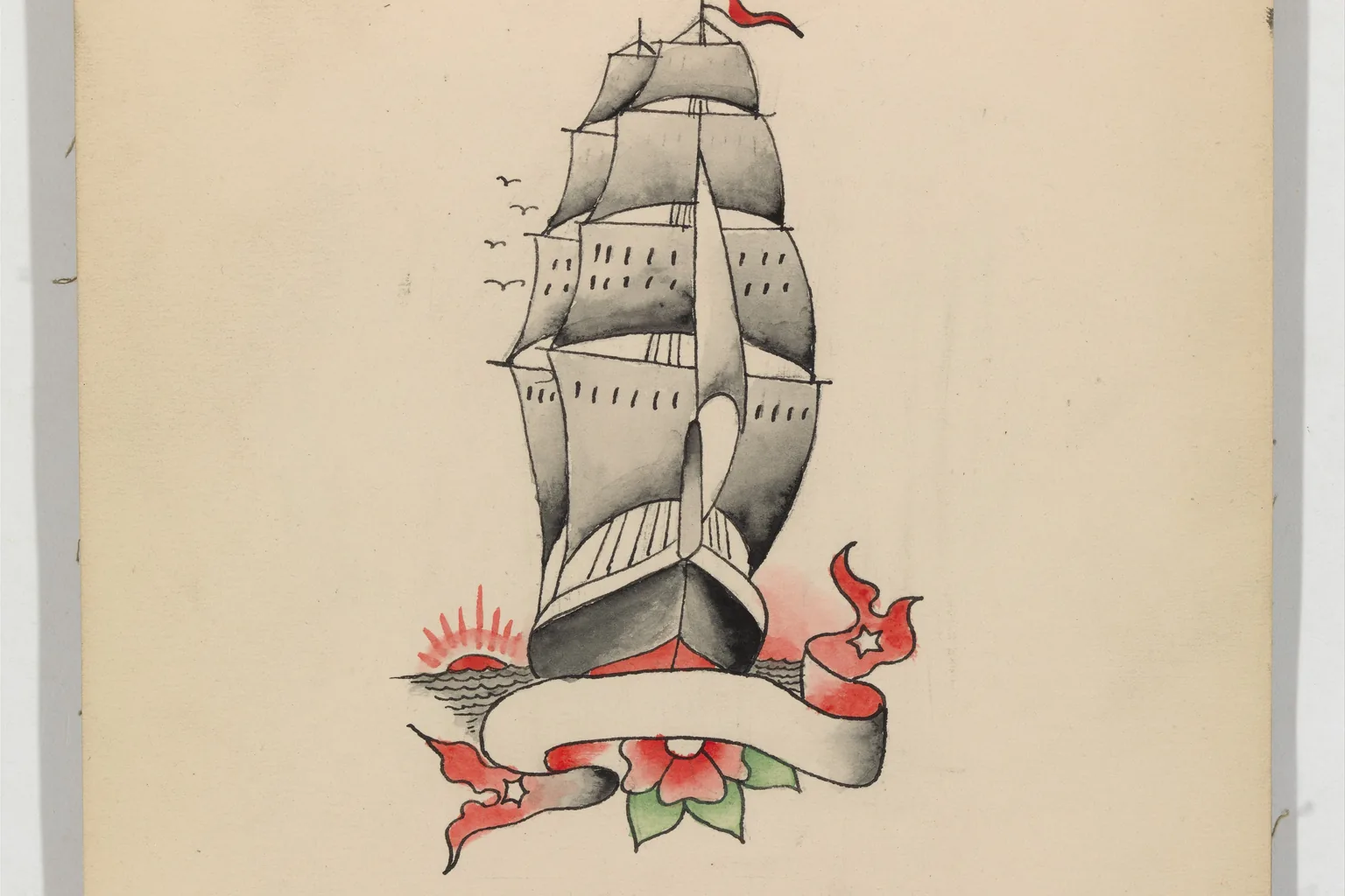 A ship-and-banner flash design on aged paper