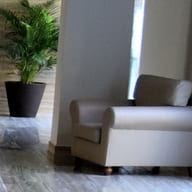 A potted palm and a cream armchair beside the pool.