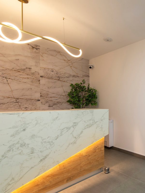 The reception desk and waiting area