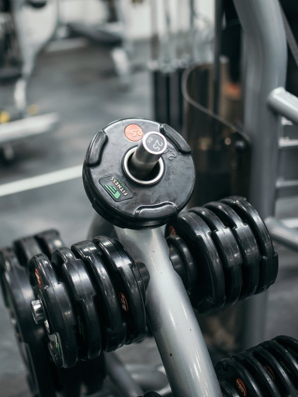 A rack of dumbbells and weight plates in the strength area