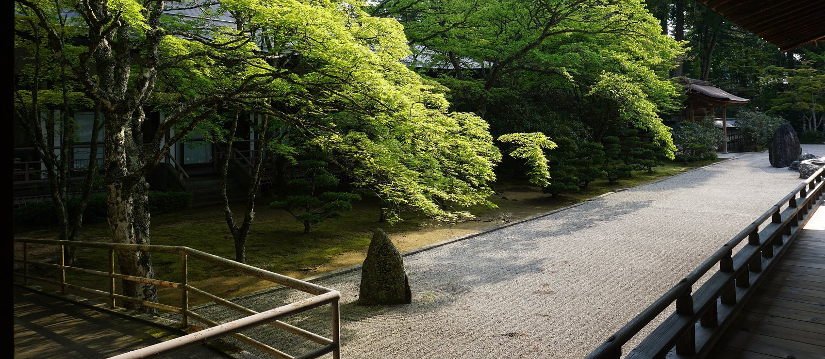 Raked gravel and bright green maples in a temple garden, seen from a shaded wooden veranda