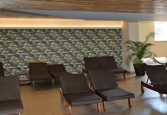 Loungers along a palm-patterned wall in the rest lounge
