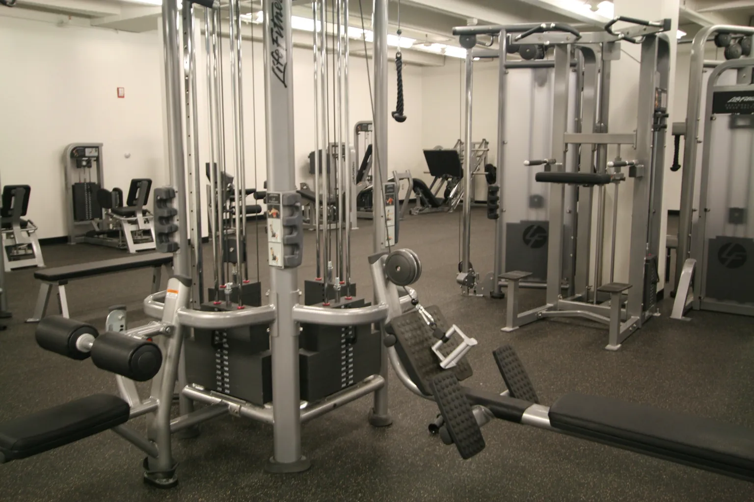Empty private strength room lined with cable and pulley stations