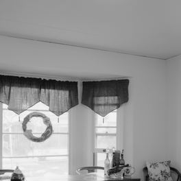 Office detail: the upper lights of a living room bay window against bright daylight.