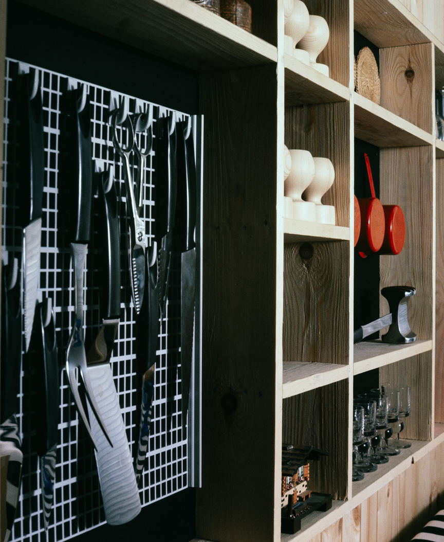 A kitchen designed in 1966 in strong flat colour, photographed for a museum collection. An interior, not a photograph of a member of staff.