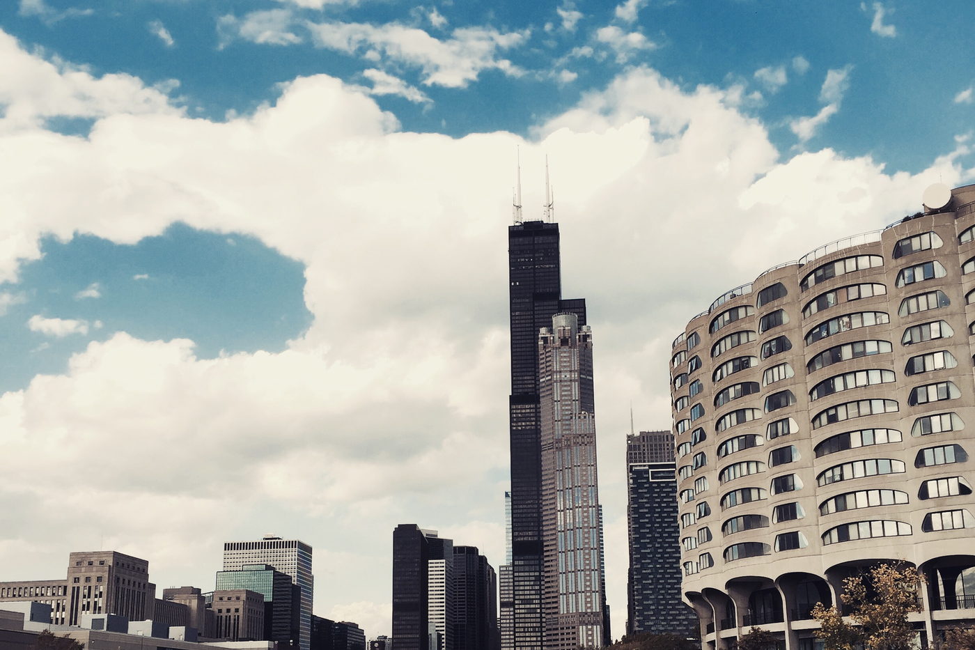 Riverfront high-rises rising above the water