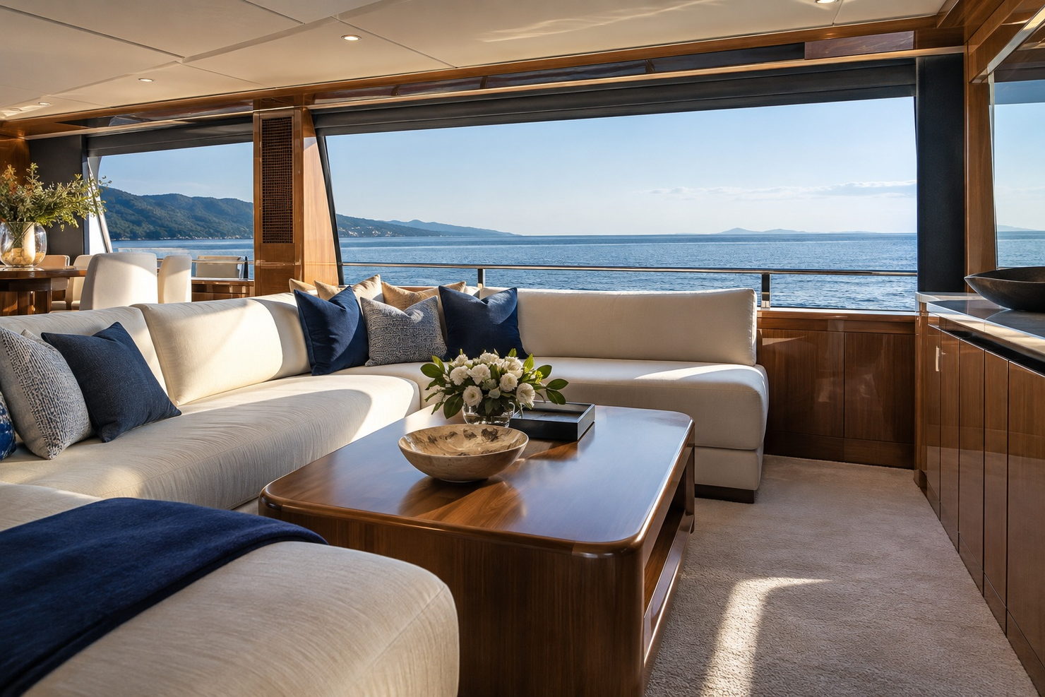 An elegant unbranded yacht interior with ivory seating, warm wood joinery and a calm sea horizon through broad windows.
