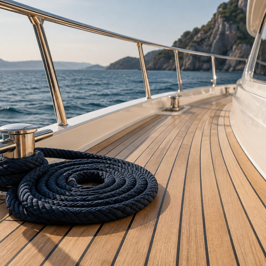 A close square view of navy line, teak planks and polished deck hardware.