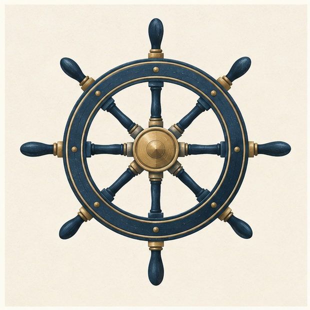 An original navy and brass helm illustration used as a non-photographic role marker.