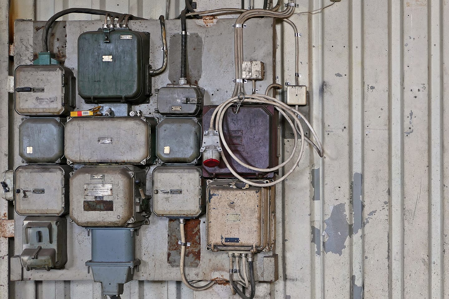 Metal enclosures and meters mounted on a board against a corrugated workshop wall, with conduit dropping to each one.