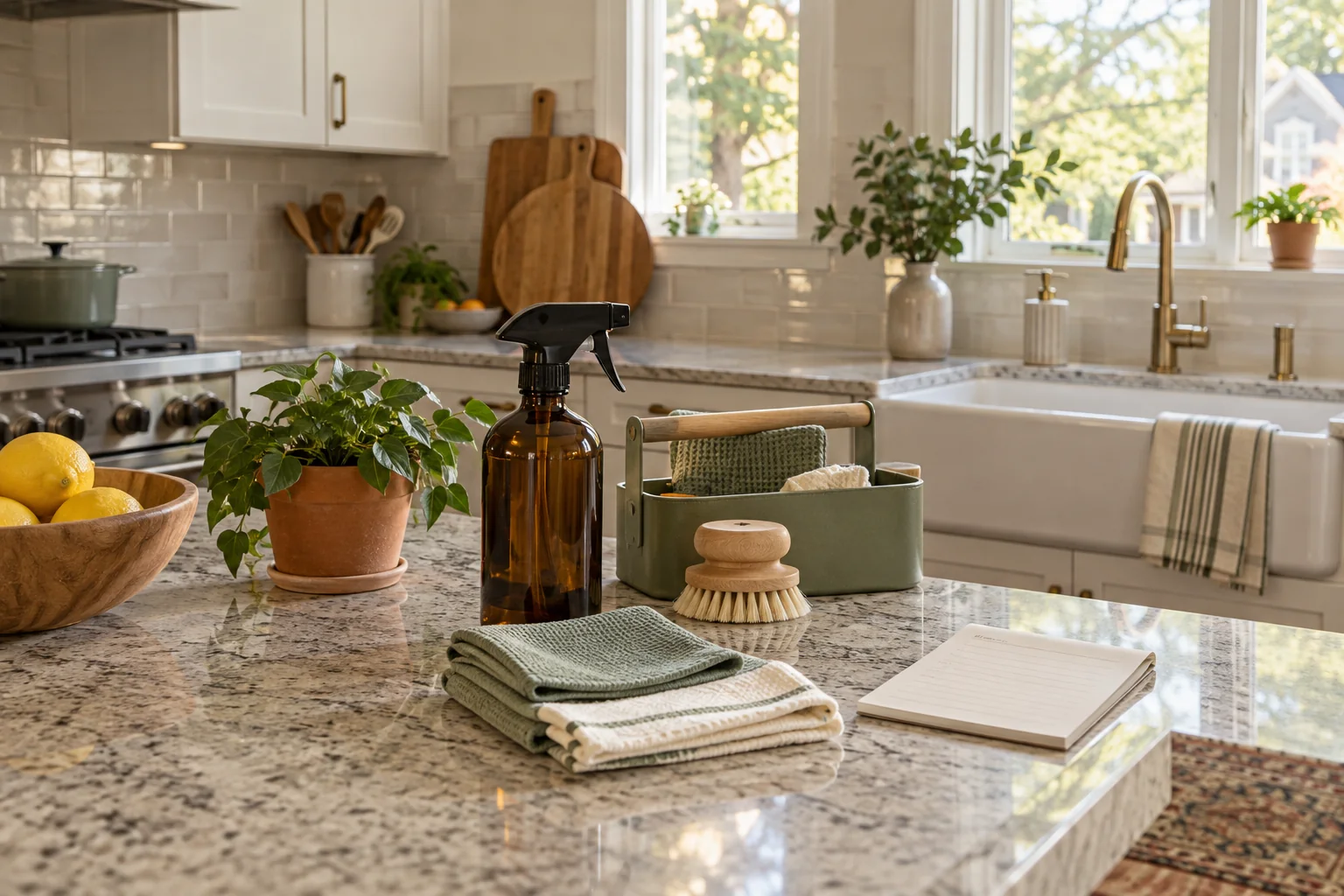 Unbranded kitchen-care tools arranged on a stone counter