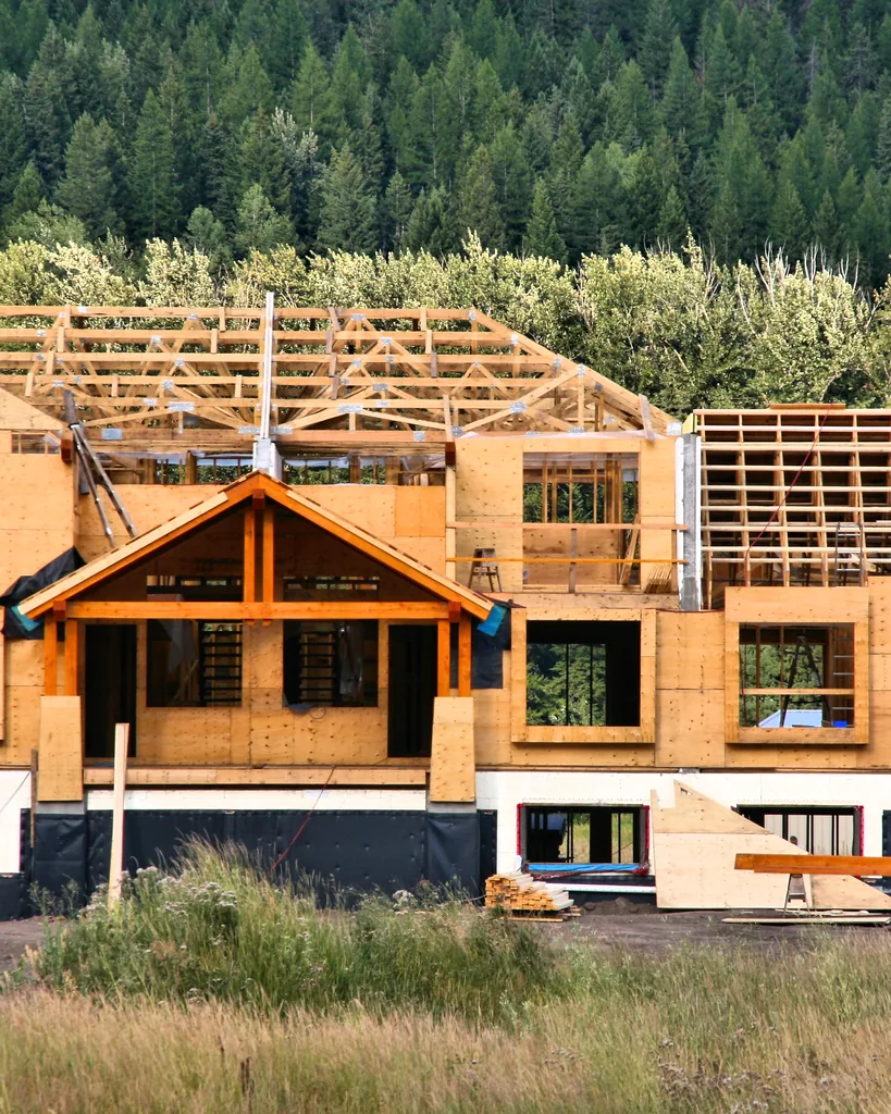 Roof trusses and stud walls on a timber-framed house
