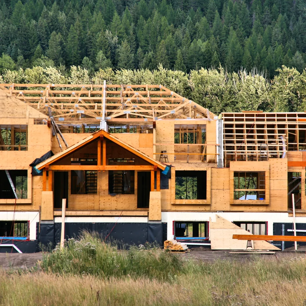 Roof trusses and stud walls on a residential framing job.