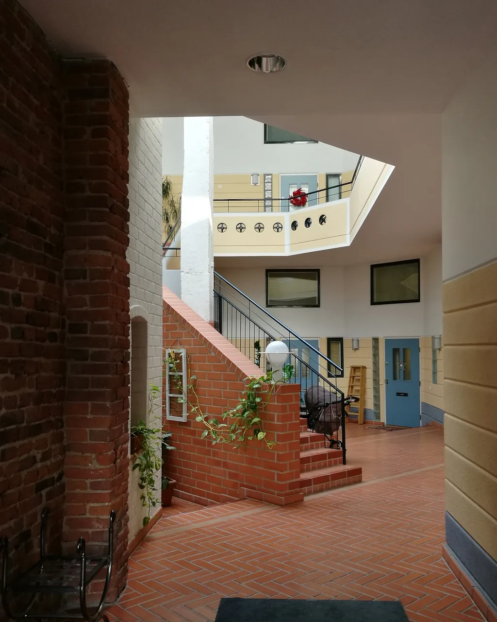 A vertical view of a stairway and landing on a carry route.