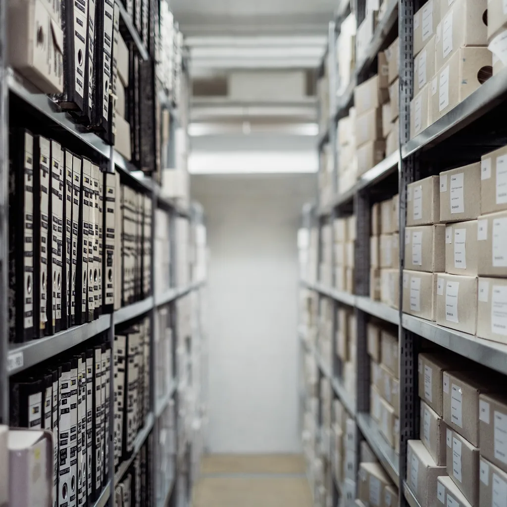 Shelved storage boxes arranged either side of a central aisle.