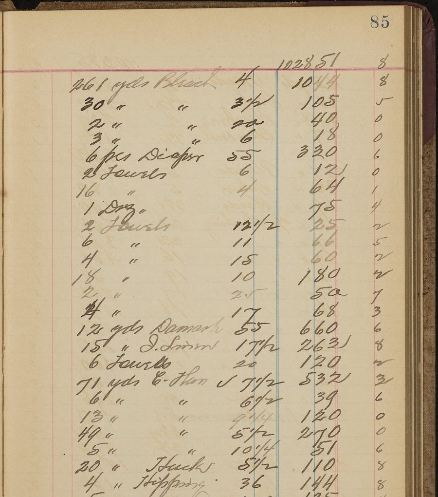 A handwritten ledger page, quantities and rates in one column and extended amounts in the next, with a running total carried at the head.