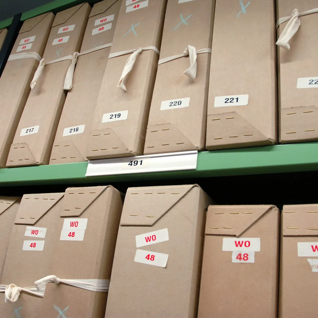 Numbered archive boxes filed in rows on repository shelving