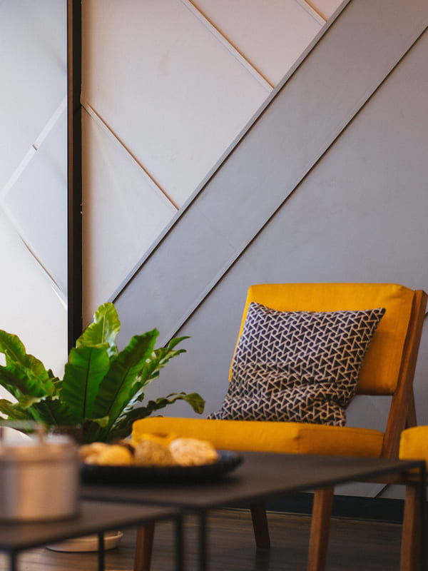 An informal meeting corner with an armchair, cushions and a potted plant