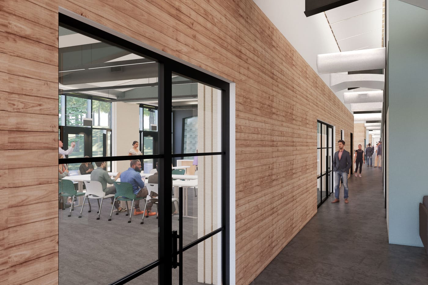 An office corridor with a timber-clad wall and a black-framed glass partition looking into a meeting room.