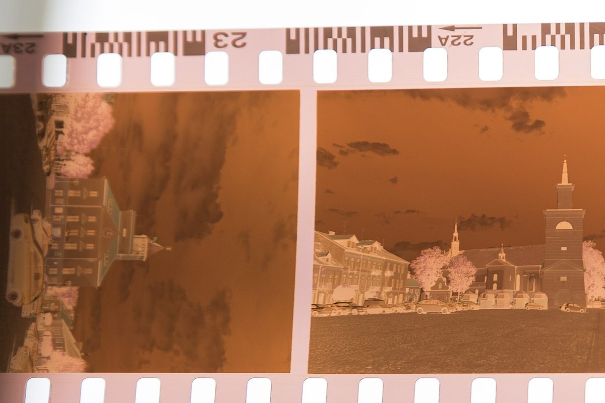 Colour negative strip held up to the light