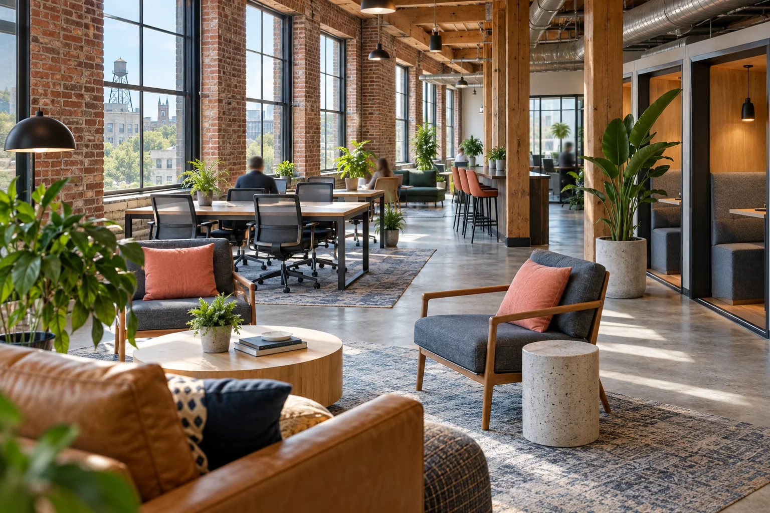 Flexible desks, quiet booths and lounge seating in a bright Durham coworking space