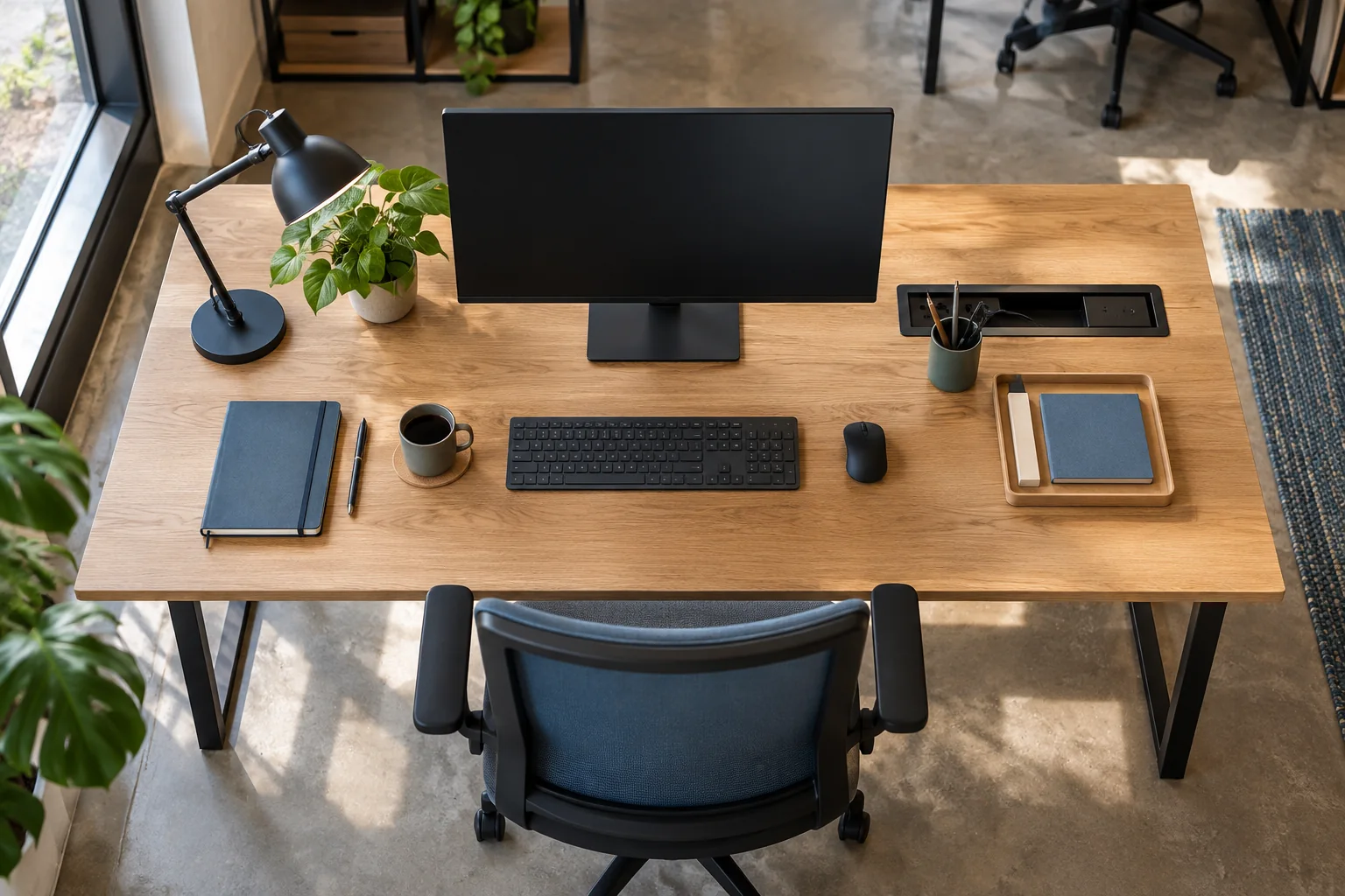 Prepared day desk with monitor, keyboard, notebook and power access