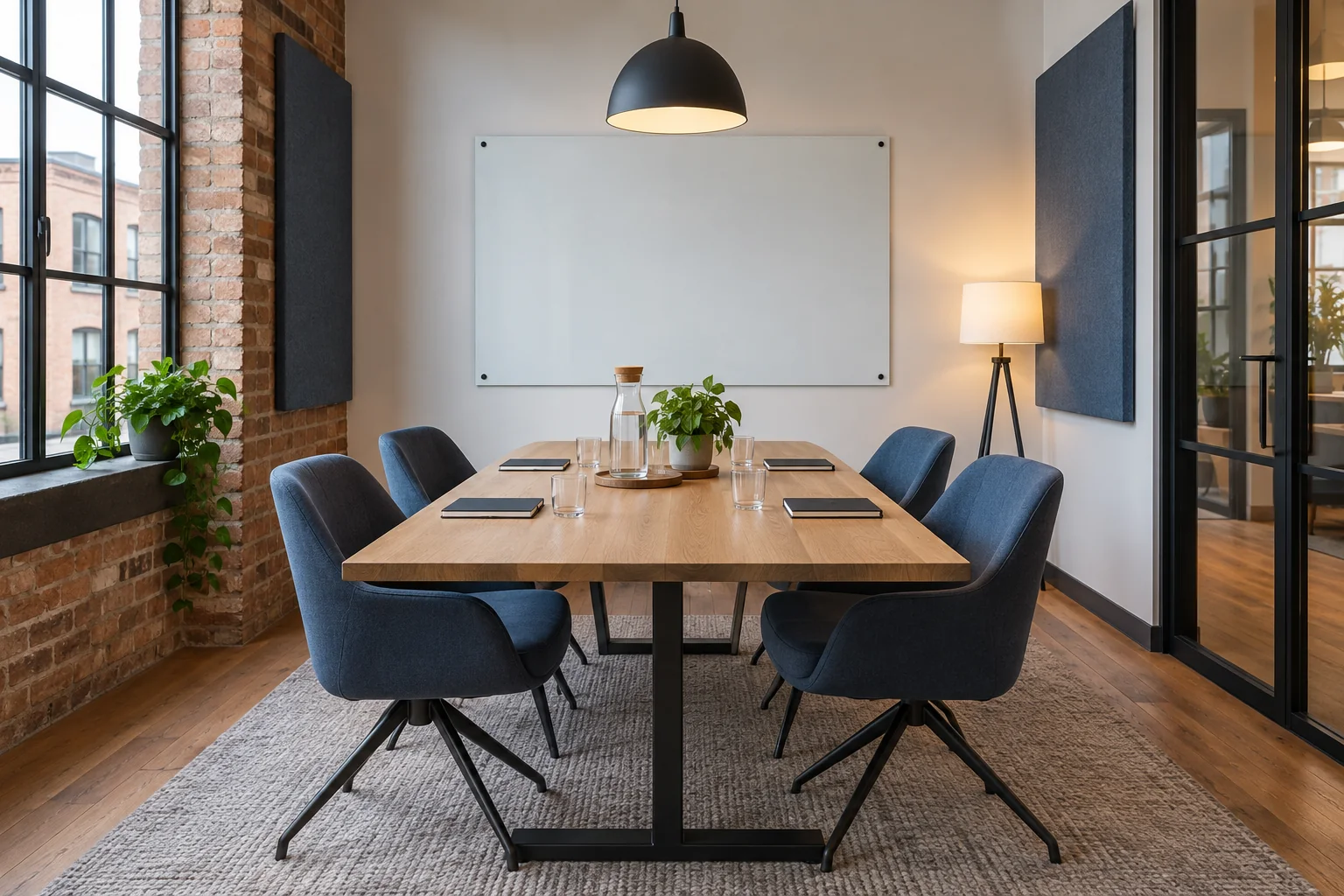Six-seat meeting room with whiteboard and acoustic panels