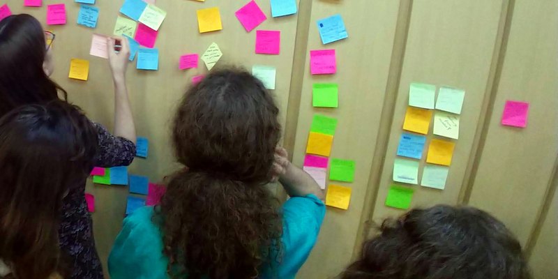 A workshop group mapping ideas on the wall in a bookable room