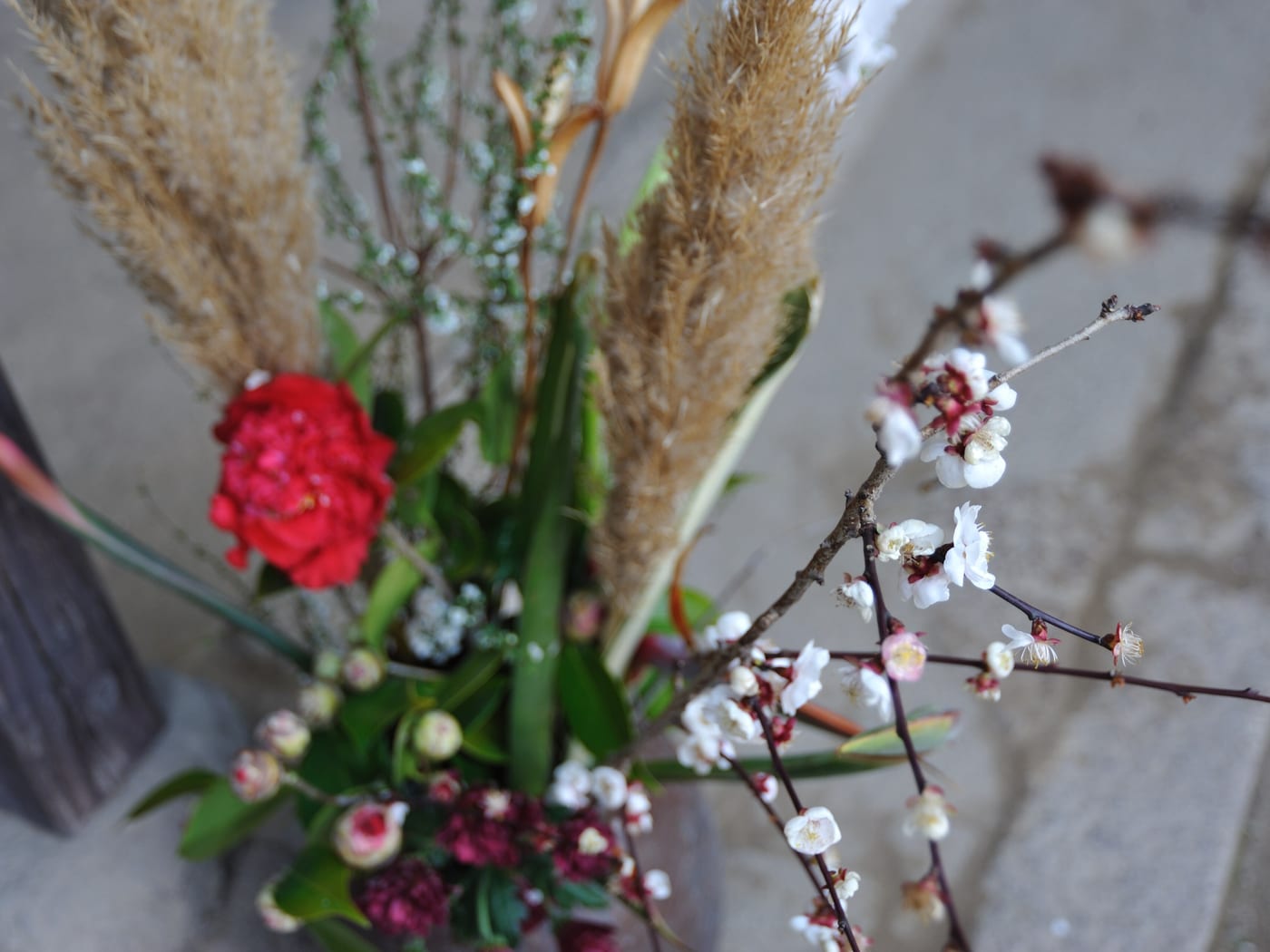 A tall arrangement of pampas grass, a red carnation and a blossom branch standing on a stone step.