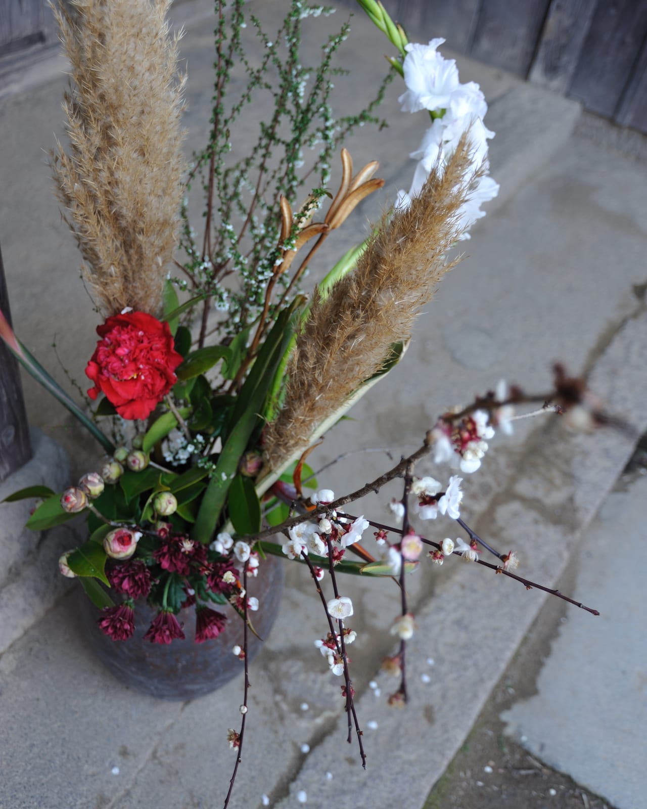 Pampas grass, a red carnation and a blossom branch arranged in a container on a stone step.