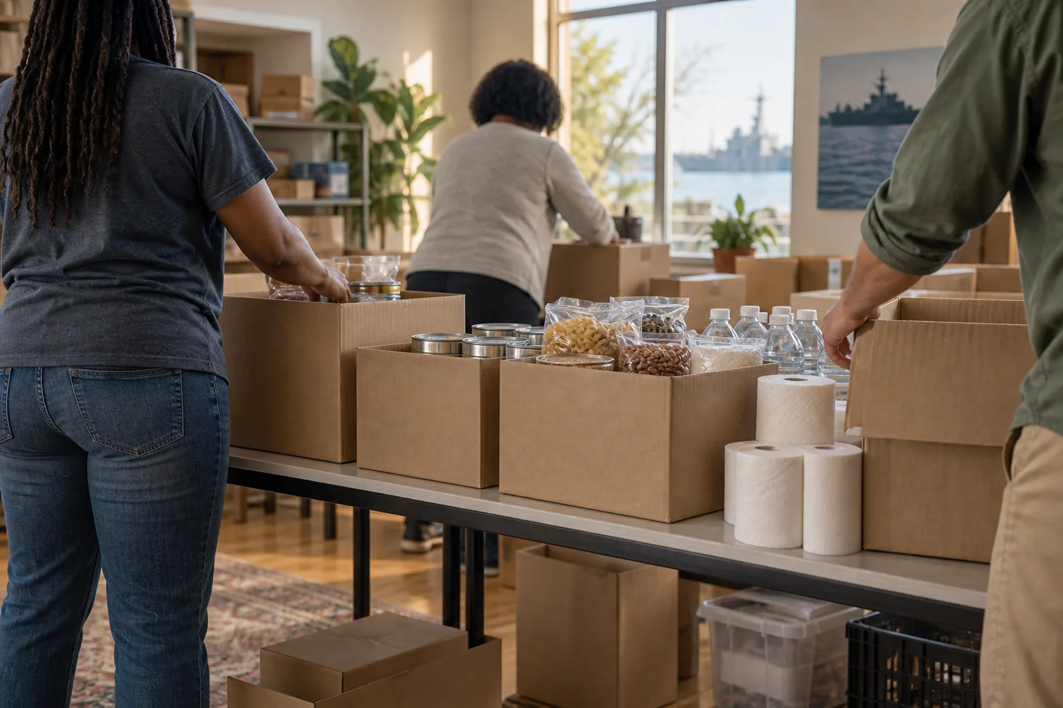 Unidentifiable volunteers arranging plain food and household supplies in a community room
