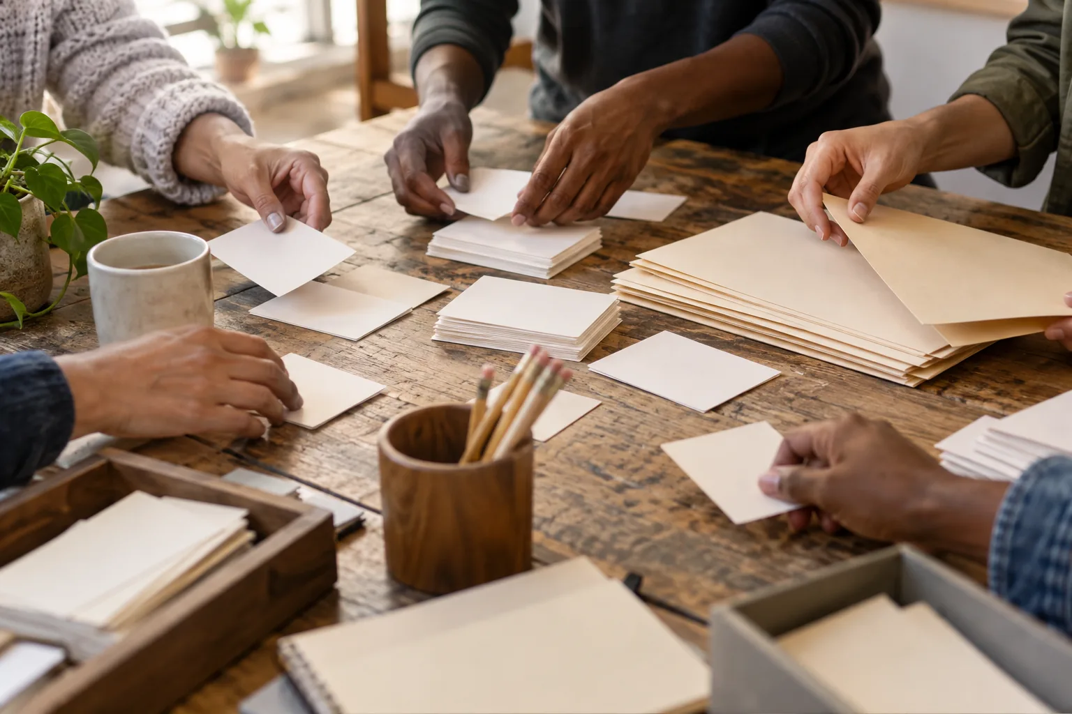 Hands sorting blank resource cards and folders across a shared wooden table