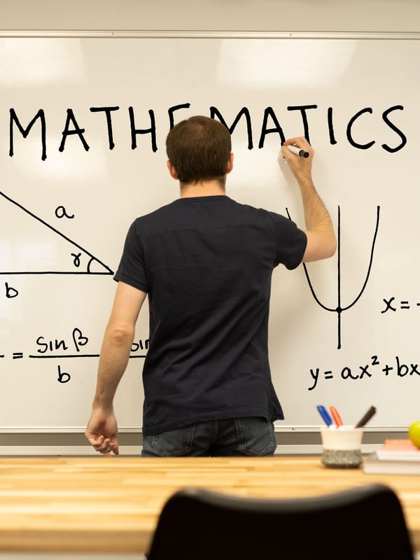 A tutor seen from behind working through algebra on a whiteboard
